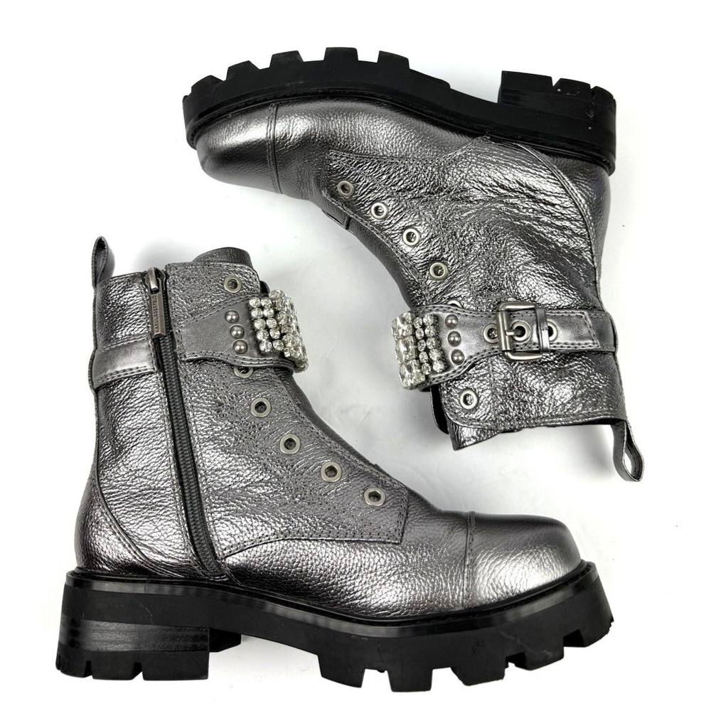 Karl Lagerfeld Maeva Bootie 6.5 Silver Metallic Leather Rhinestone Combat Boot